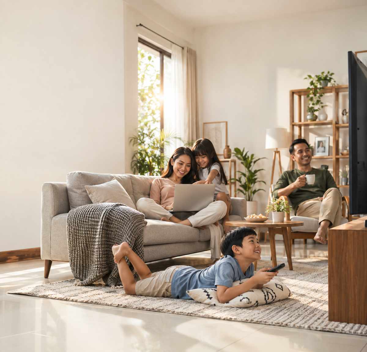 Keluarga sedang menikmati internet fiber Hajinet di ruang keluarga